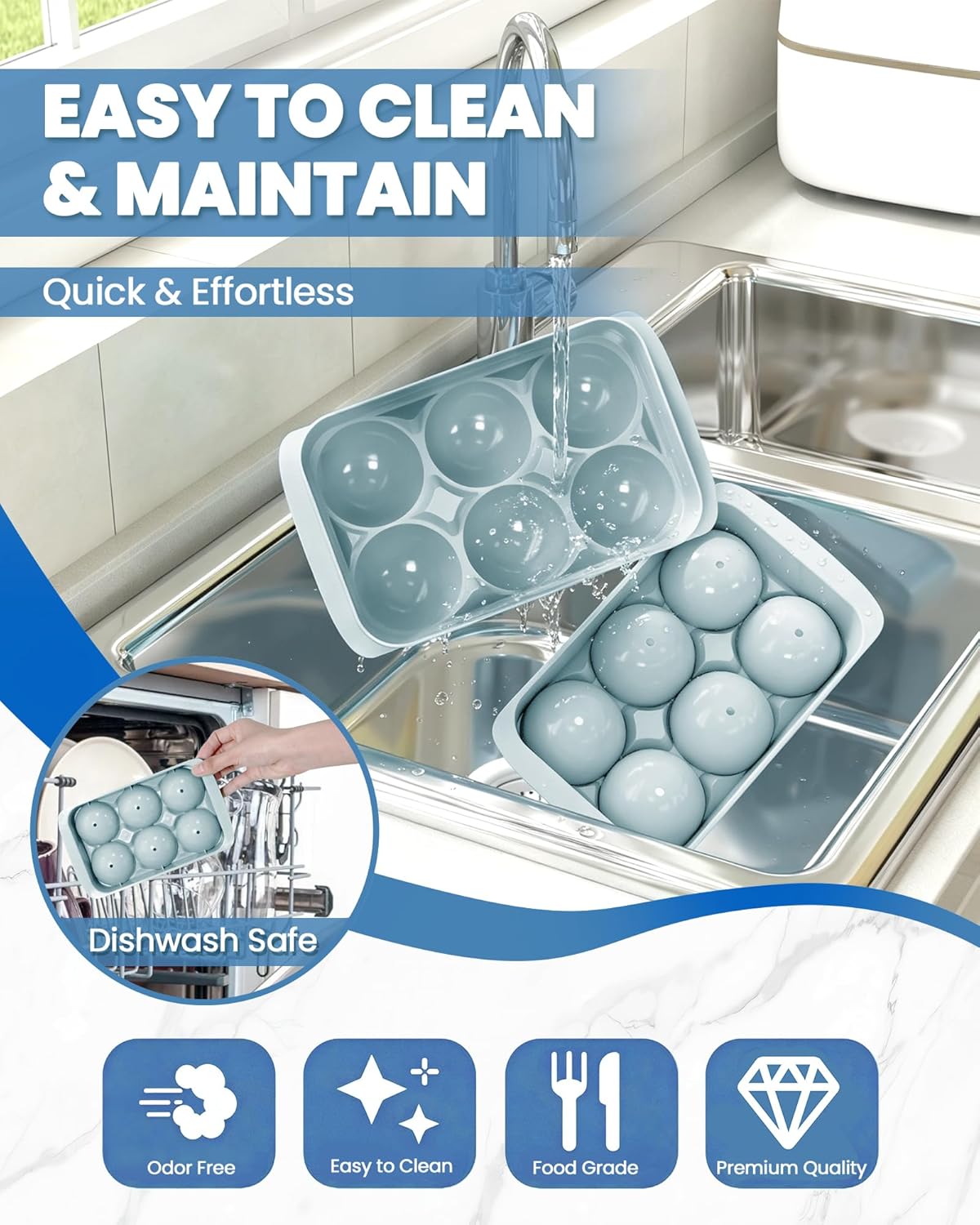 Large Ice Cube Tray for Freezer - 2 Pack Stackable Round Ice Cube Molds Set, Easy to Fill & Release with Storage Bin and Tongs for Kitchen, Party, Cocktail & Coffee, Gifts for Whiskey Lover (1.93In)