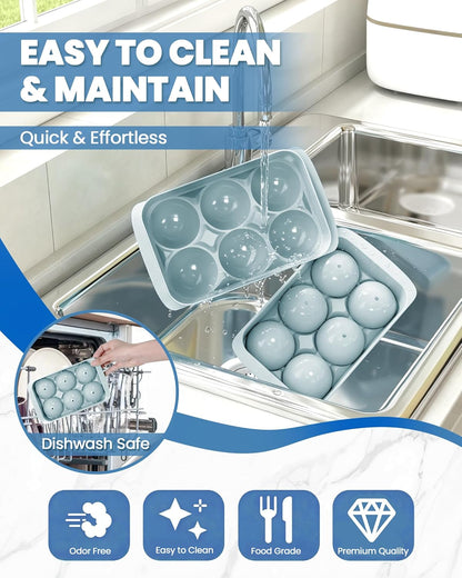 Large Ice Cube Tray for Freezer - 2 Pack Stackable Round Ice Cube Molds Set, Easy to Fill & Release with Storage Bin and Tongs for Kitchen, Party, Cocktail & Coffee, Gifts for Whiskey Lover (1.93In)
