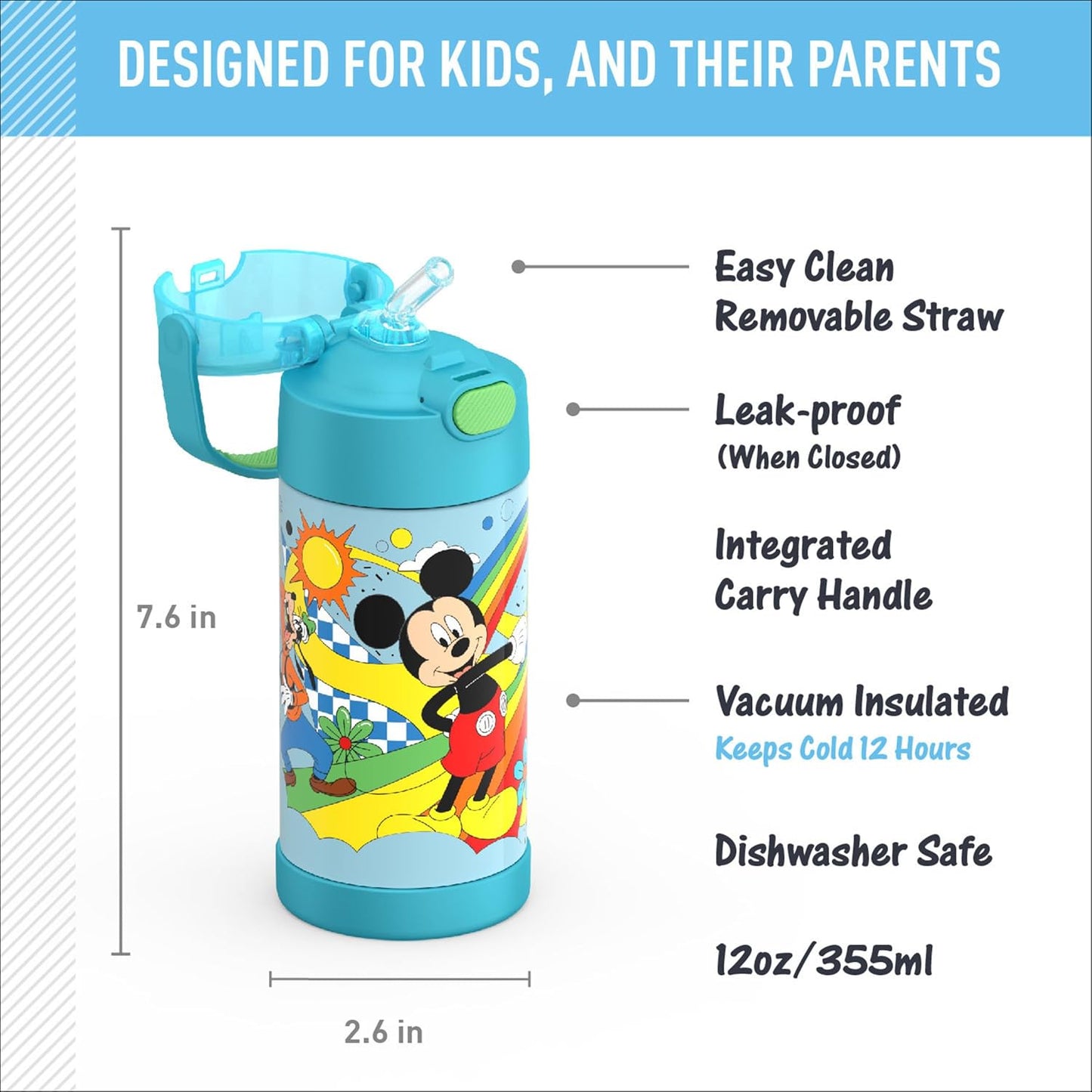 THERMOS FUNTAINER Water Bottle with Straw - 12 Ounce - Kids Stainless Steel Vacuum Insulated Water Bottle with Lid, Bluey - Colors B