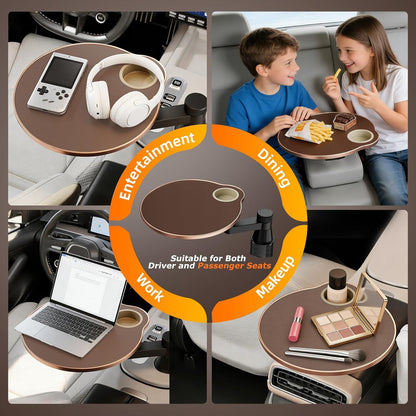 Car Cup Holder Tray Desk, 360° Rotating Black Walnut Solid Wood Food Car Table - Steering Wheel Tray Road Trip Essentials Accessories for Tesla Model Y/3/S, Ford F150 Most Vehicles