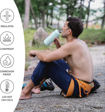 Bambaw 24 oz Stainless Steel Water Bottle, Insulated Metal Water Bottle Wide Mouth, Great for Hiking & Travel, With Handle Easy to Carry, Rust-Resistant & Durable (Aegean Blue)