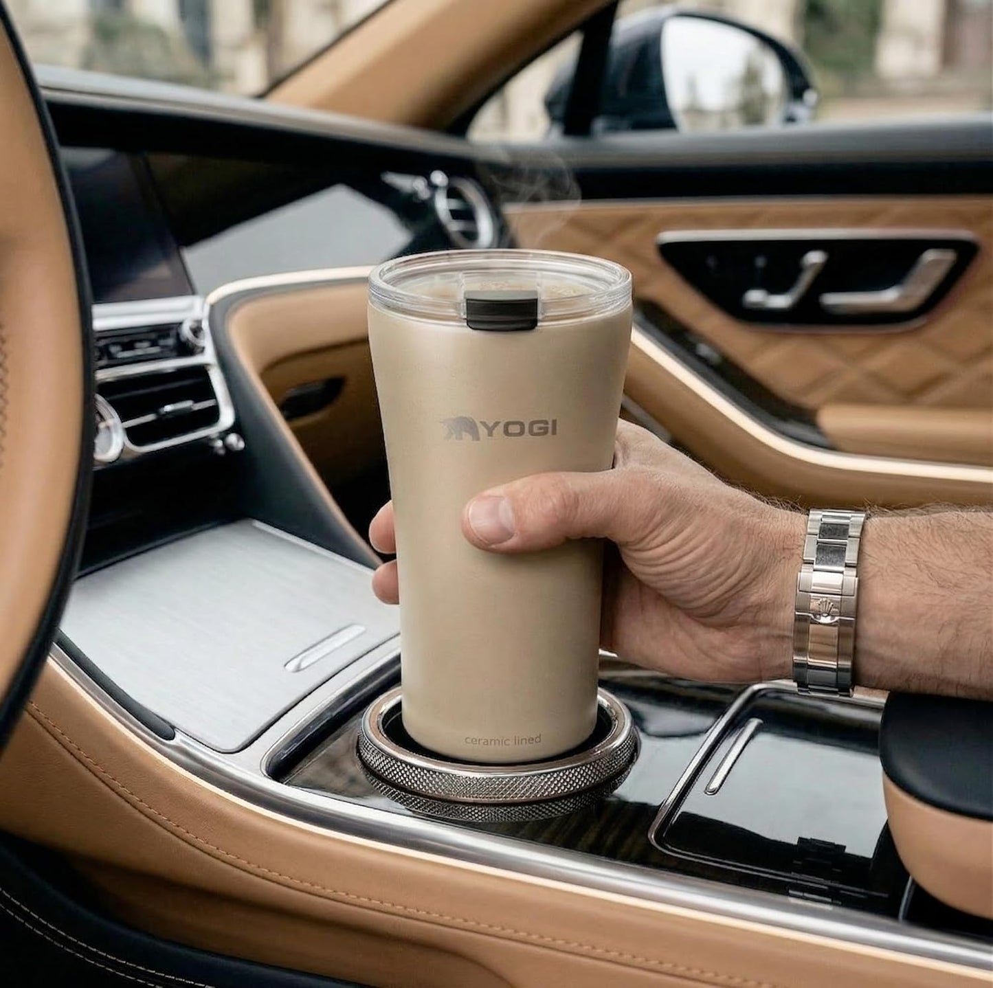 YOGI Ceramic Lined Metal Allergy Safe 16oz Coffee Tumbler with Leakproof Lid BPA Free Vacuum Insulated Stainless Steel Cupholder Friendly Travel Cup for Coffee and Water Sandstone