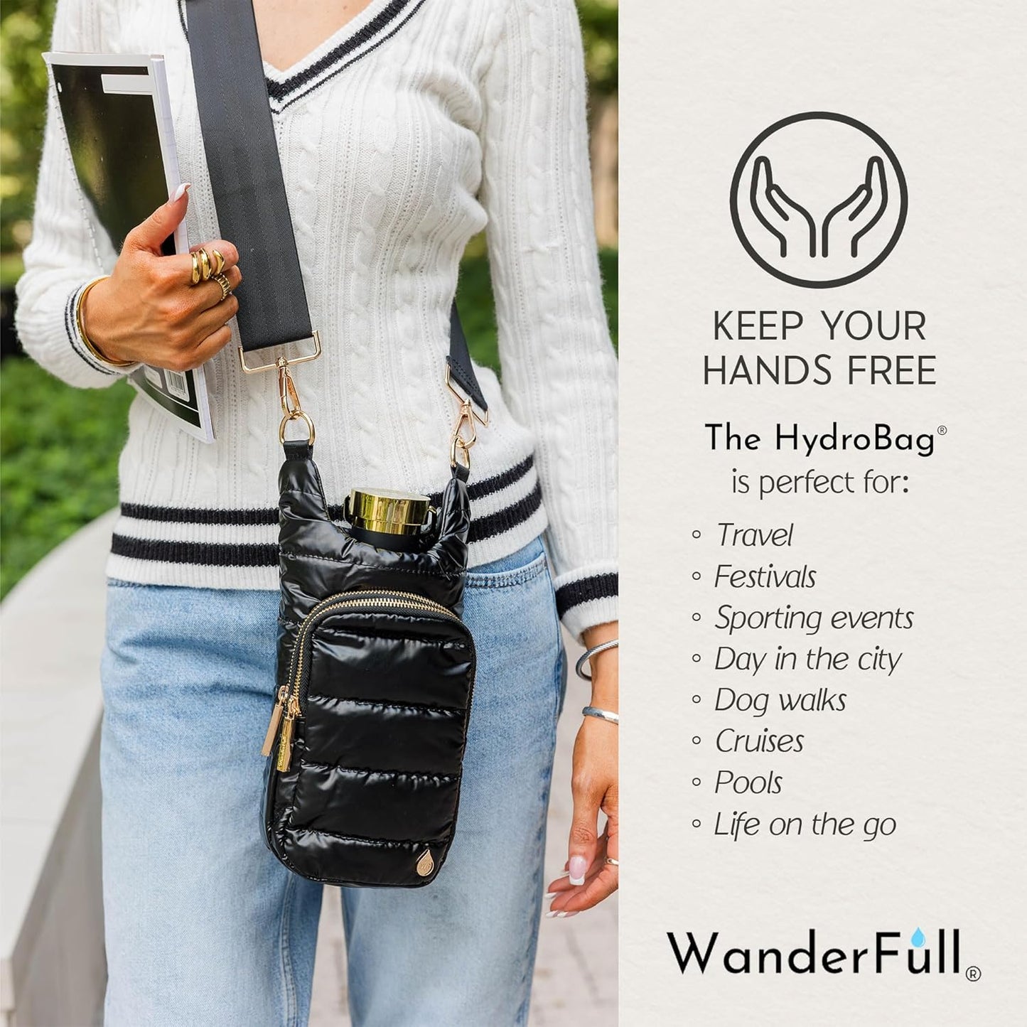 WanderFull Original HydroBag Fits Up to 32 oz Water Bottle Holder with Strap – Hands-Free Crossbody Water Bottle Carrier Bag with Phone Pocket - Colors A