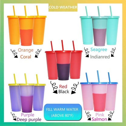 Color Changing Cups, 5 Pack 24oz Plastic Tumblers, Reusable Iced Coffee & Smoothie Cups with Lids and Straws for Parties and Travel