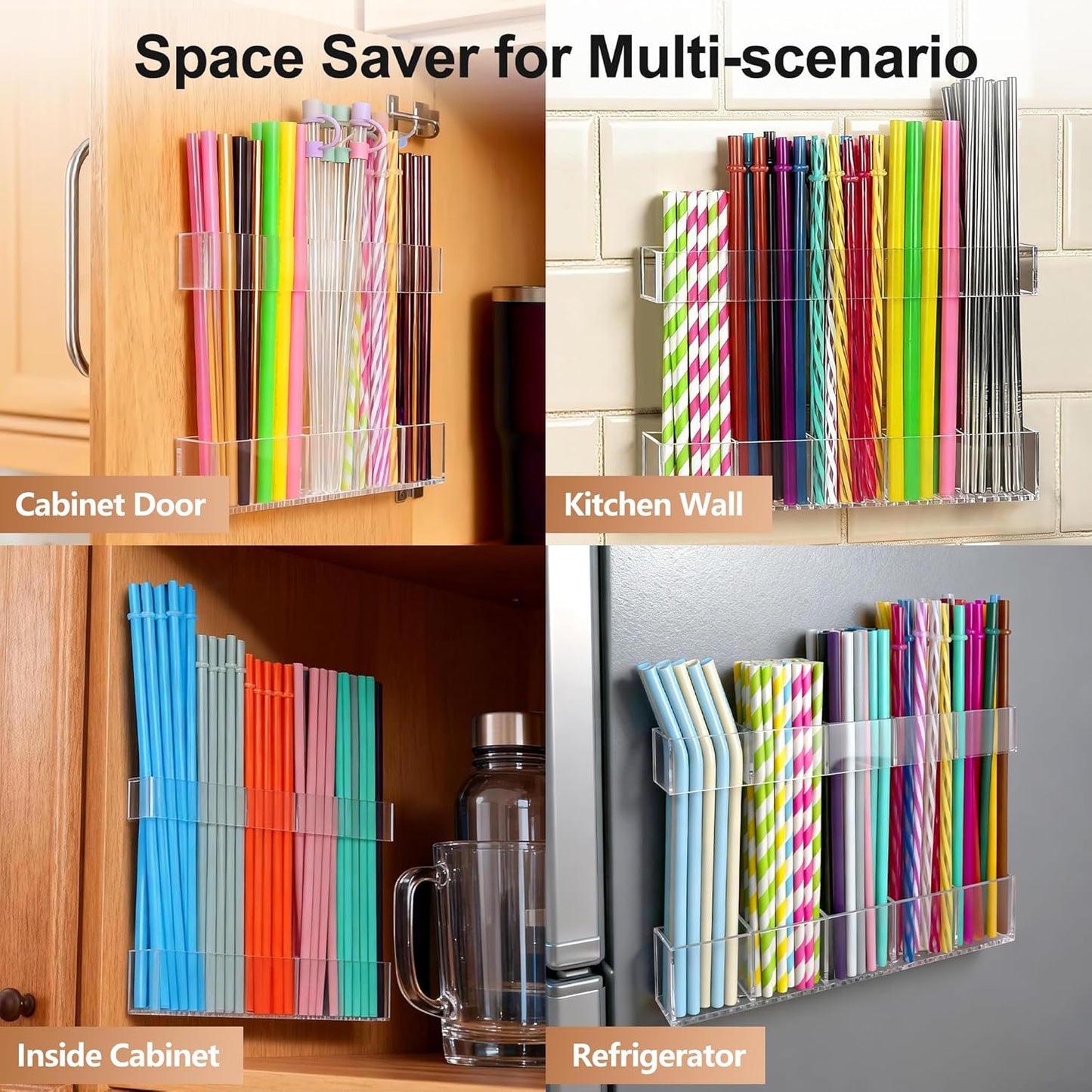 9.5” Large Acrylic Straw Holder for Cabinet Door, Reusable Adjustable Two-Part Straws Organizer with Ultra Sticky Adhesive Strips, 2026 Straw Storage for Kitchen Cupboard (Transparent)