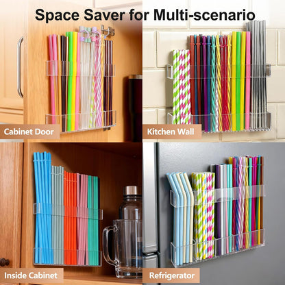 9.5” Large Acrylic Straw Holder for Cabinet Door, Reusable Adjustable Two-Part Straws Organizer with Ultra Sticky Adhesive Strips, 2026 Straw Storage for Kitchen Cupboard (Transparent)
