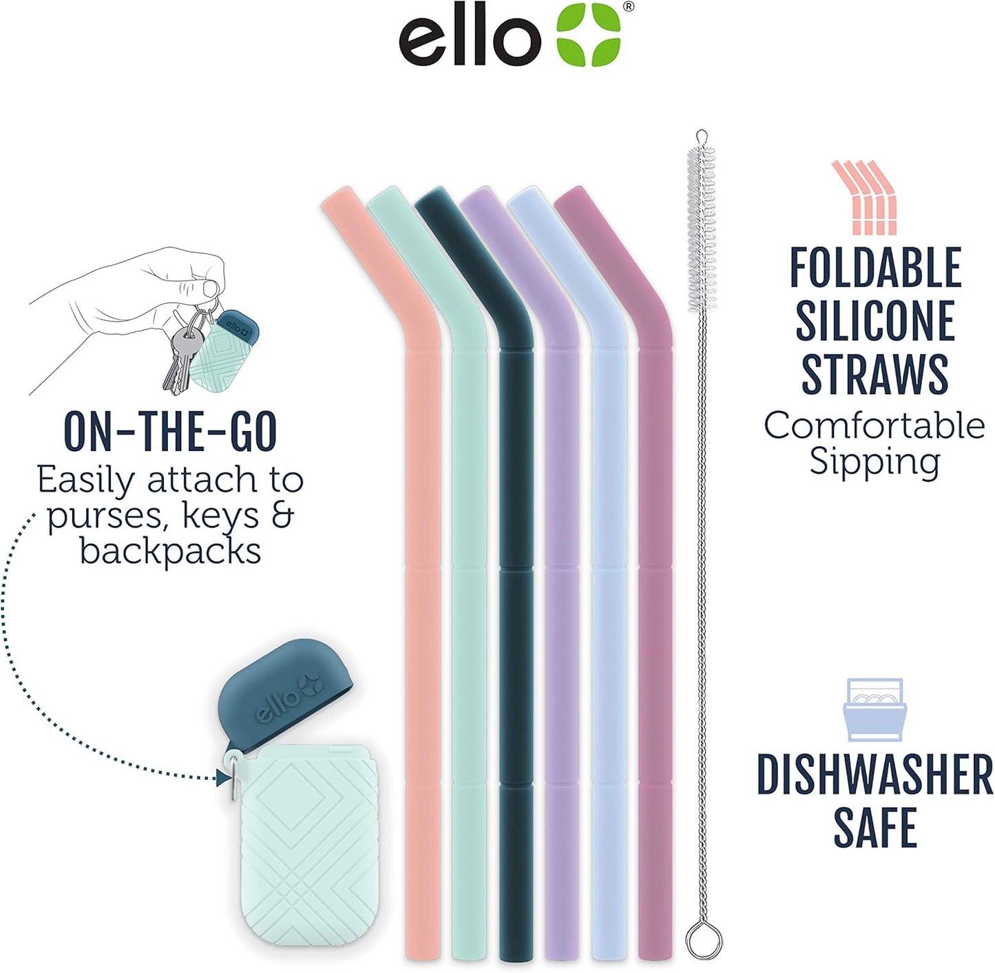 Ello Impact Pack of Reusable Silicone Straws with Fold & Store Carry Case, Portable Drinking Straw for Party Travel Cruise Ship, Includes Straw Cleaning Brush, Dishwasher Safe, BPA-Free
