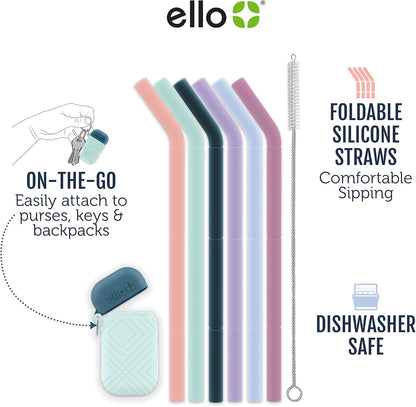Ello Impact Pack of Reusable Silicone Straws with Fold & Store Carry Case, Portable Drinking Straw for Party Travel Cruise Ship, Includes Straw Cleaning Brush, Dishwasher Safe, BPA-Free