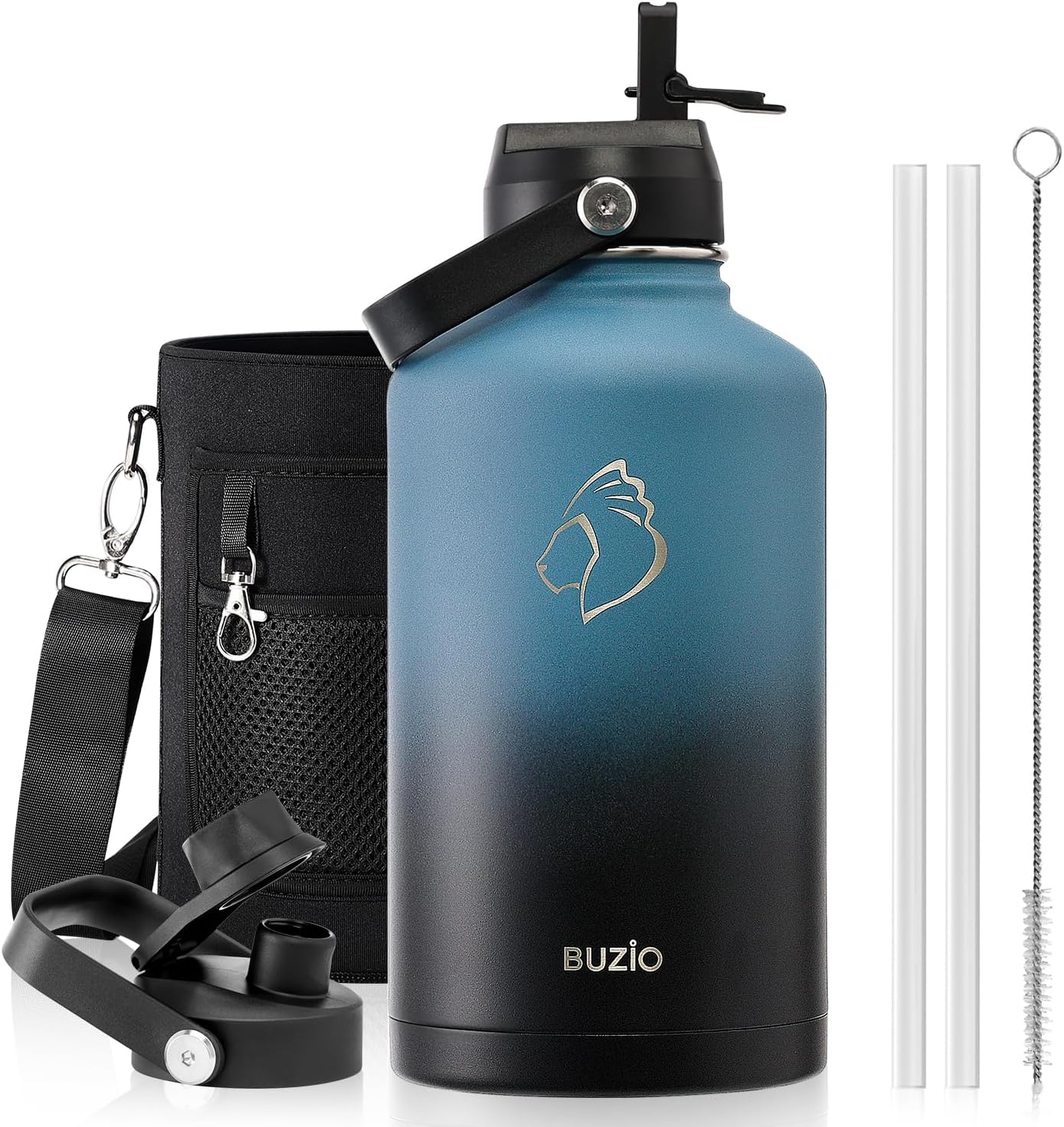 BUZIO 40oz Insulated Water Bottle, Triple Wall Vacuum Stainless Steel Water Flask with 2 lids, Lead-Free BPA-Free Straw Lid Sports Canteen Jug, Cold 48H & Hot 24H- Black - Colors B