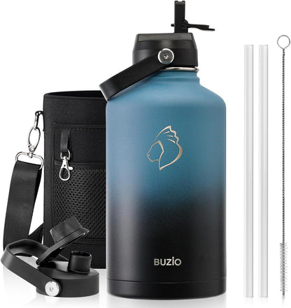 BUZIO 40oz Insulated Water Bottle, Triple Wall Vacuum Stainless Steel Water Flask with 2 lids, Lead-Free BPA-Free Straw Lid Sports Canteen Jug, Cold 48H & Hot 24H- Black - Colors B