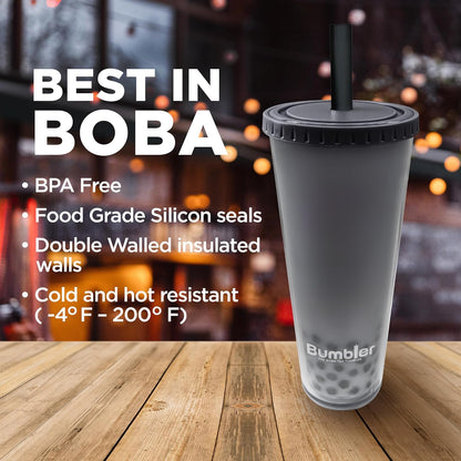 Bumbler Original Boba Tea Cup - 24oz Double-Walled Plastic Reusable Tumbler with Extra Wide Straw & Leak-Proof Lid - BPA-Free Smoothie & Iced Coffee Travel Mug - Blush Pink