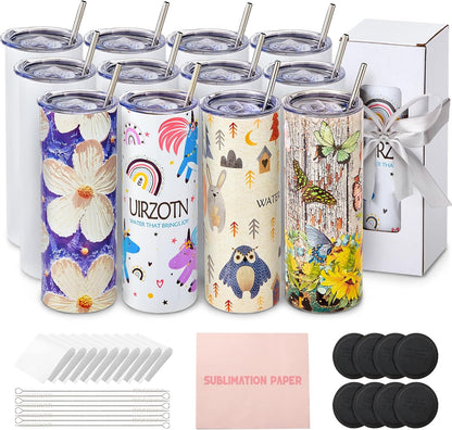 8 Pack 20oz Sublimation Tumbler Blanks Skinny Straight in Bulk, Stainless Steel Insulated Sublimation Tumbler with Polymer Coating for Heat Transfer, With Lid, Straw, ribbon, Gift box