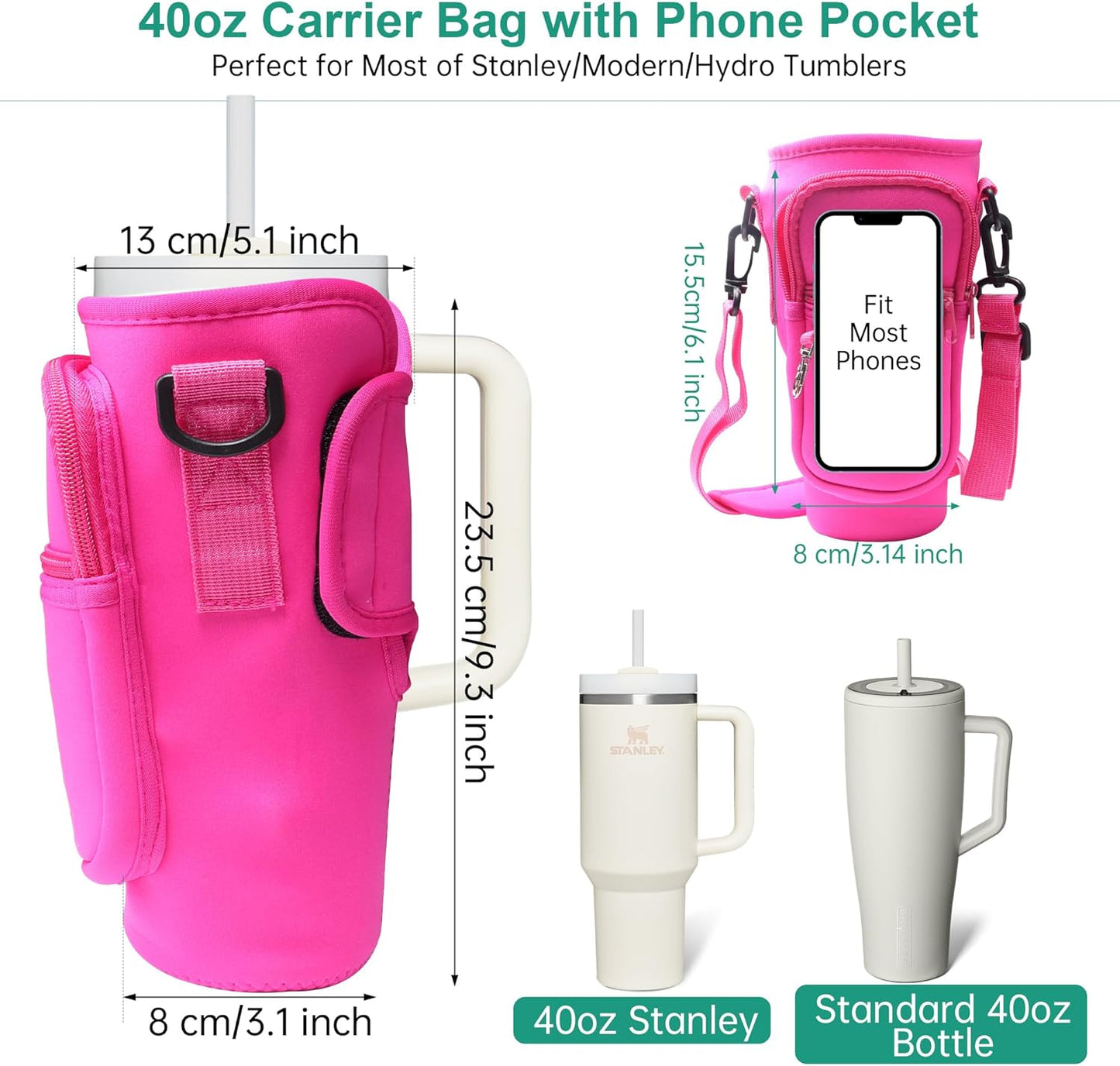 Water Bottle Carrier Bag with Strap for Stanley Cup 40oz/30oz with Phone Pocket, Neoprene Cross-Body Insulated Water Bottle Holder for Tumbler with Handle, Stanley Cup Accessories