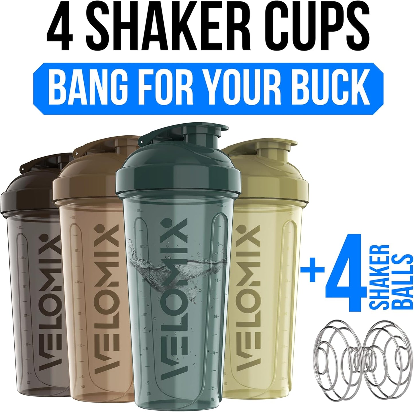VELOMIX -4 Pack- 28 oz Protein Shaker Bottles for Protein Mixes - 4x Wire Whisk | Leak Proof Shaker Cups for Protein Shakes | Stackable Protein Shaker Bottle Pack (A1) Silver Aurora