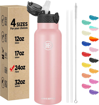 Han's Bottle Sports Water Bottle - 24 Oz, Straw Lid, Leak Proof, Vacuum Insulated Stainless Steel, Double Walled, Thermo Mug,Black