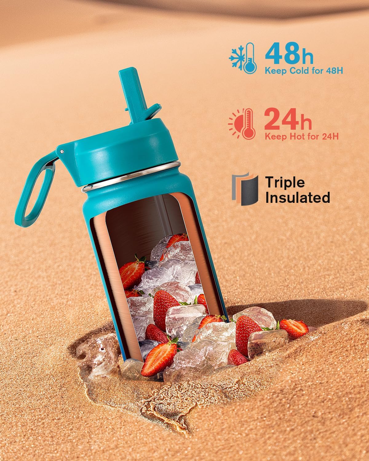 Half Gallon Water Bottle Insulated with Straw & 3 Lids, Coolflask 64 oz Water Jug Large Metal Stainless Steel Wide Mouth for Sports, Gym or Office, Non-BPA Keep Cold 48H Hot 24H, Samurai Cyan