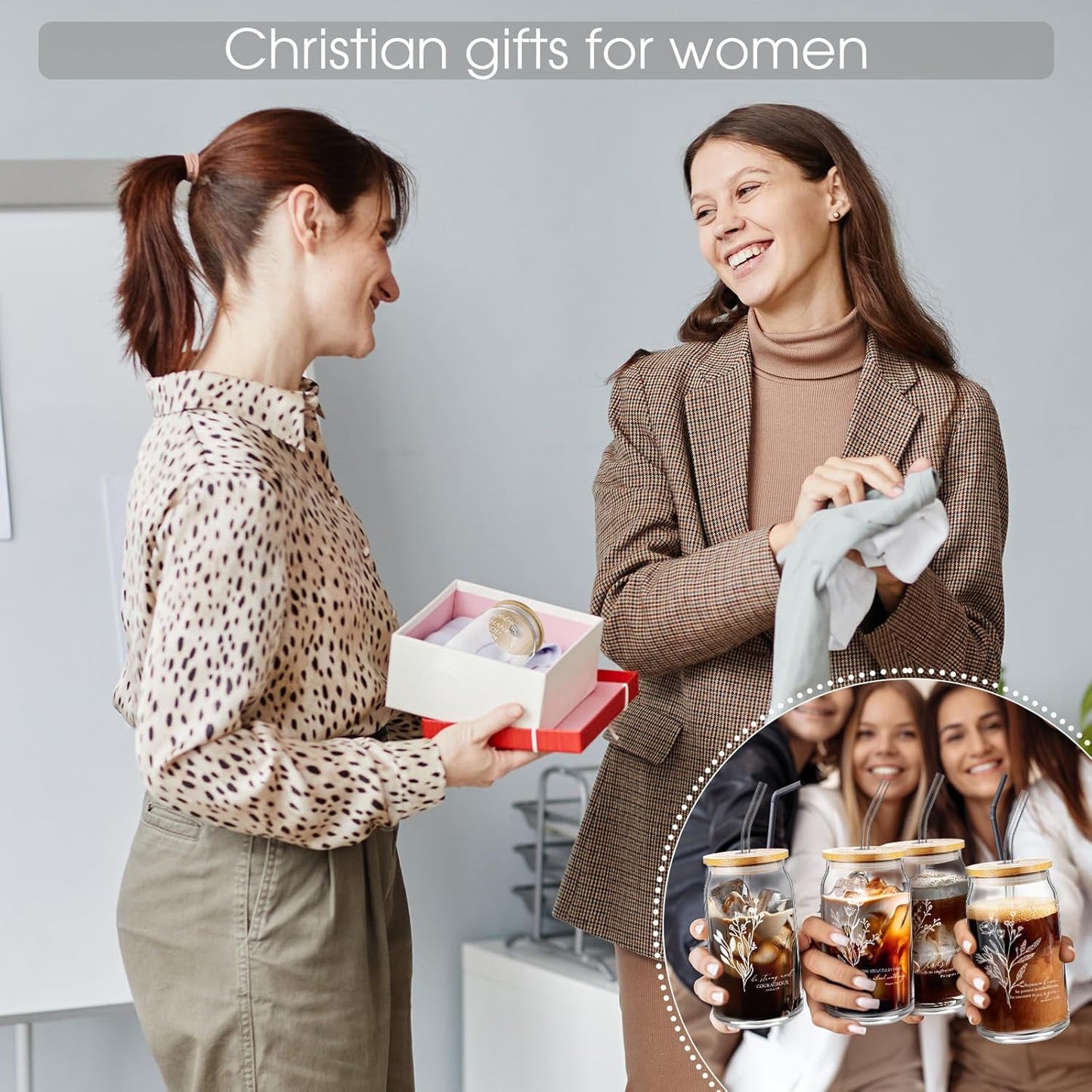 Fumete 4 Sets Christian Gifts for Women Church Gifts Set 16oz Bible Verse Glass Cup Religious Makeup Cosmetic Bags Prayer Tumbler Keychain for Study Group Sunday School God Teacher(Bright Morandi)