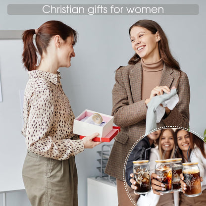 Fumete 4 Sets Christian Gifts for Women Church Gifts Set 16oz Bible Verse Glass Cup Religious Makeup Cosmetic Bags Prayer Tumbler Keychain for Study Group Sunday School God Teacher(Bright Morandi)