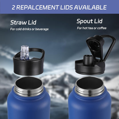 HASLE OUTFITTERS 32 oz Insulated Water Bottle Stainless Steel Double Walled Vacuum Sports Water Bottle with 2 Lids (Straw and Spout Lid) for Gym Camping Hiking(Black,1)