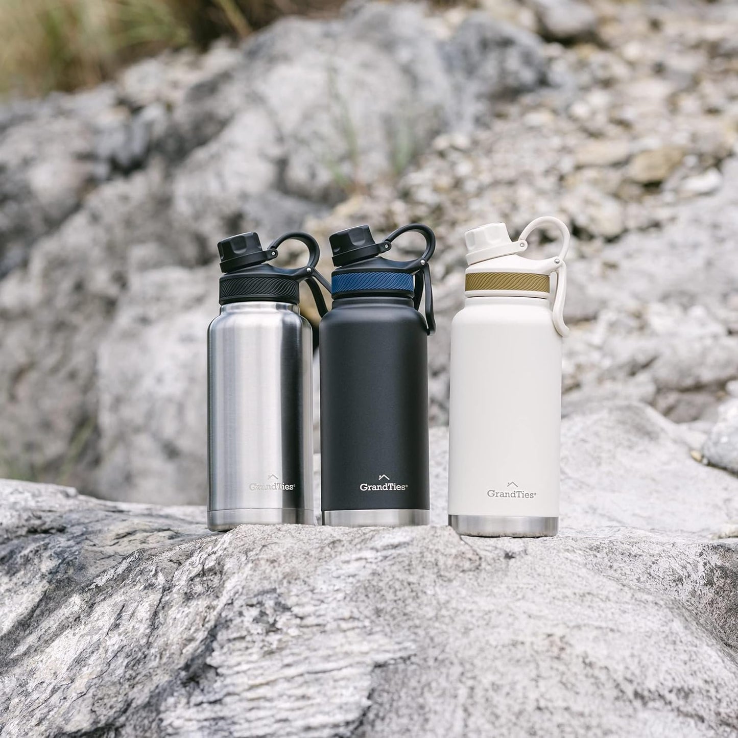 GRANDTIES 2 Lids Sports Stainless Steel Water Bottles – Wide Mouth Vacuum Insulated Reusable Leak Proof BPA-Free Travel Metal Canteen, Thermal Bottles for Men Women Gym (Ivory White 32 oz)