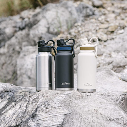GRANDTIES 2 Lids Sports Stainless Steel Water Bottles – Wide Mouth Vacuum Insulated Reusable Leak Proof BPA-Free Travel Metal Canteen, Thermal Bottles for Men Women Gym (Ivory White 32 oz)