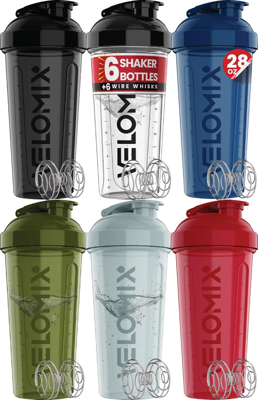 VELOMIX -6 PACK- 28 oz Protein Shaker Bottle for Protein Mixes -6x Wire Whisk | Leak Proof Shaker Cups for Protein Shakes | Large, Stackable Protein Shaker Bottle Pack
