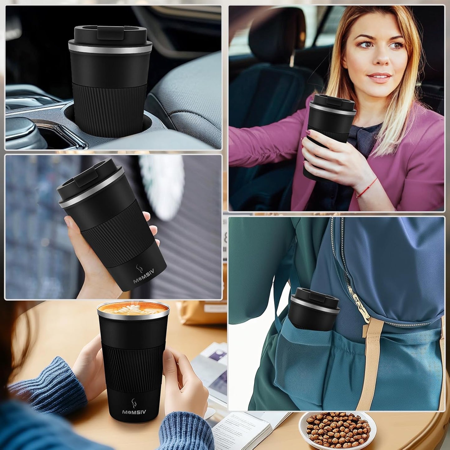 MOMSIV 12oz Travel Mug, Insulated Coffee Cup with Leakproof Lid, Travel Coffee Mug Vacuum Stainless Steel Double Walled Reusable Coffee Cup for Hot and Cold Water Coffee
