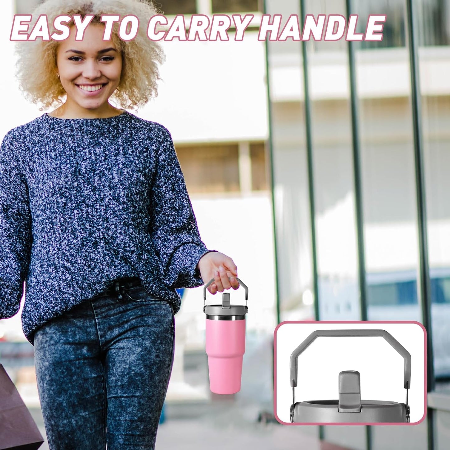 30 oz Tumbler with Handle and Straw Lid, Double Walled Vacuum Insulated Water Bottle Leakproof Tumbler Travel Coffee Mug Thermal Cup, Cupholder Friendly for Office, Home, Sport, Pink