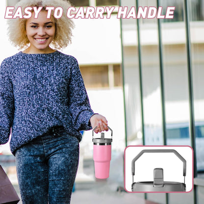 30 oz Tumbler with Handle and Straw Lid, Double Walled Vacuum Insulated Water Bottle Leakproof Tumbler Travel Coffee Mug Thermal Cup, Cupholder Friendly for Office, Home, Sport, Pink