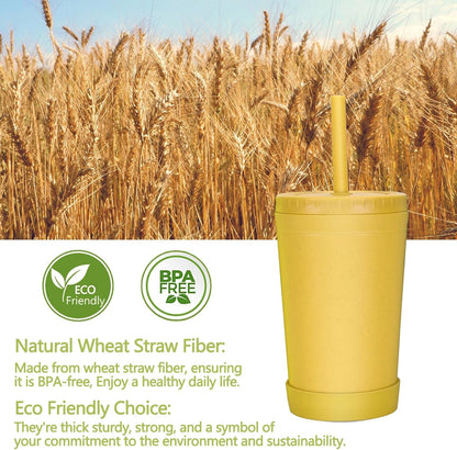 Homestockplus Reusable Wheat Straw Cups with Lids and Silicone Straws, 10 Oz Chip Resistant E-Co Friendly Small Water Cups for Milk, Drinks, Smoothies - 4 Colors