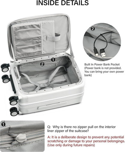 Hanke 20 Inch Expandable Carry On Luggage with Cup Holder 22x14x9 Airline Approved, Top Opening Hard Shell Suitcases with Wheels, Carry-On Travel Suitcase Trunk Luggage with Lock, Smoke White