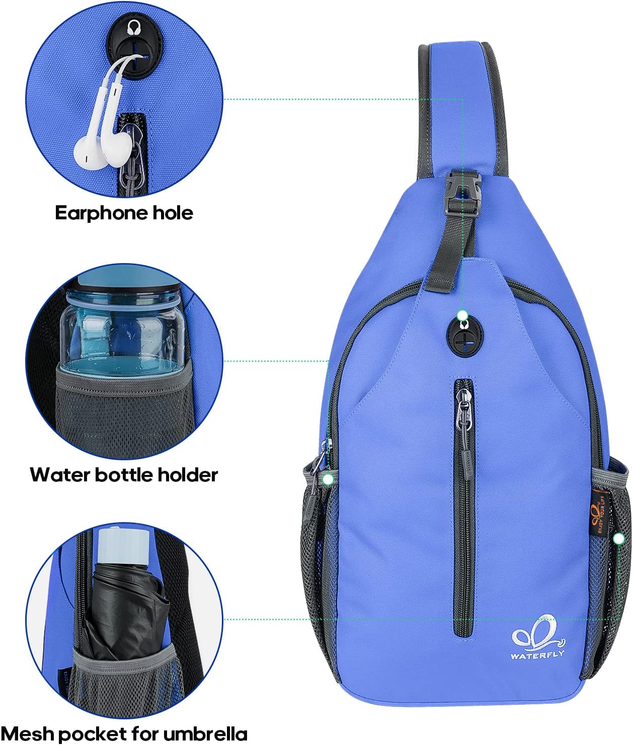 WATERFLY Crossbody Sling Backpack Sling Bag Travel Hiking Chest Bag Daypack (Black)