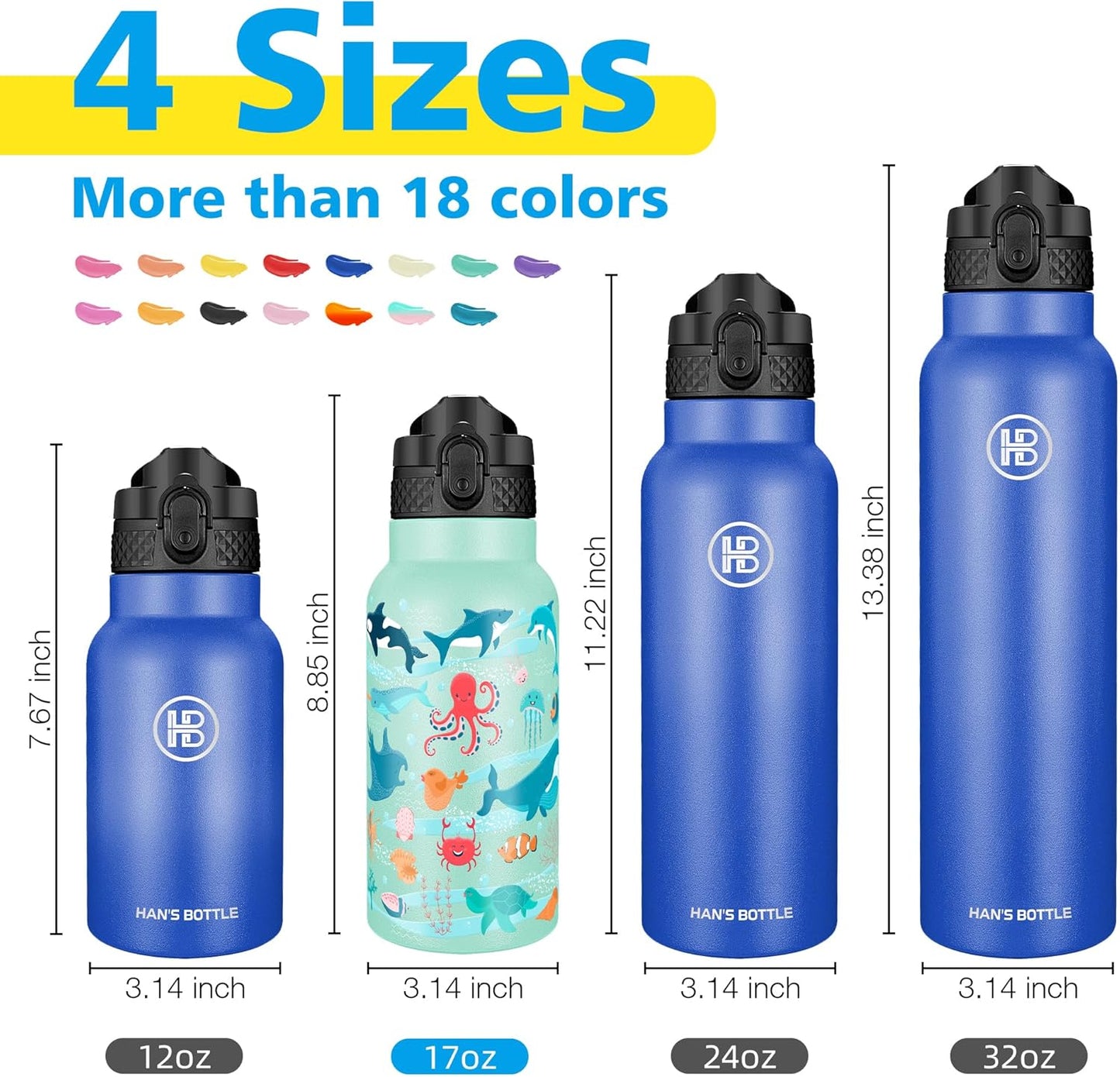 Han's Bottle Sports Water Bottle - 24 Oz, Straw Lid, Leak Proof, Vacuum Insulated Stainless Steel, Double Walled, Thermo Mug,Black