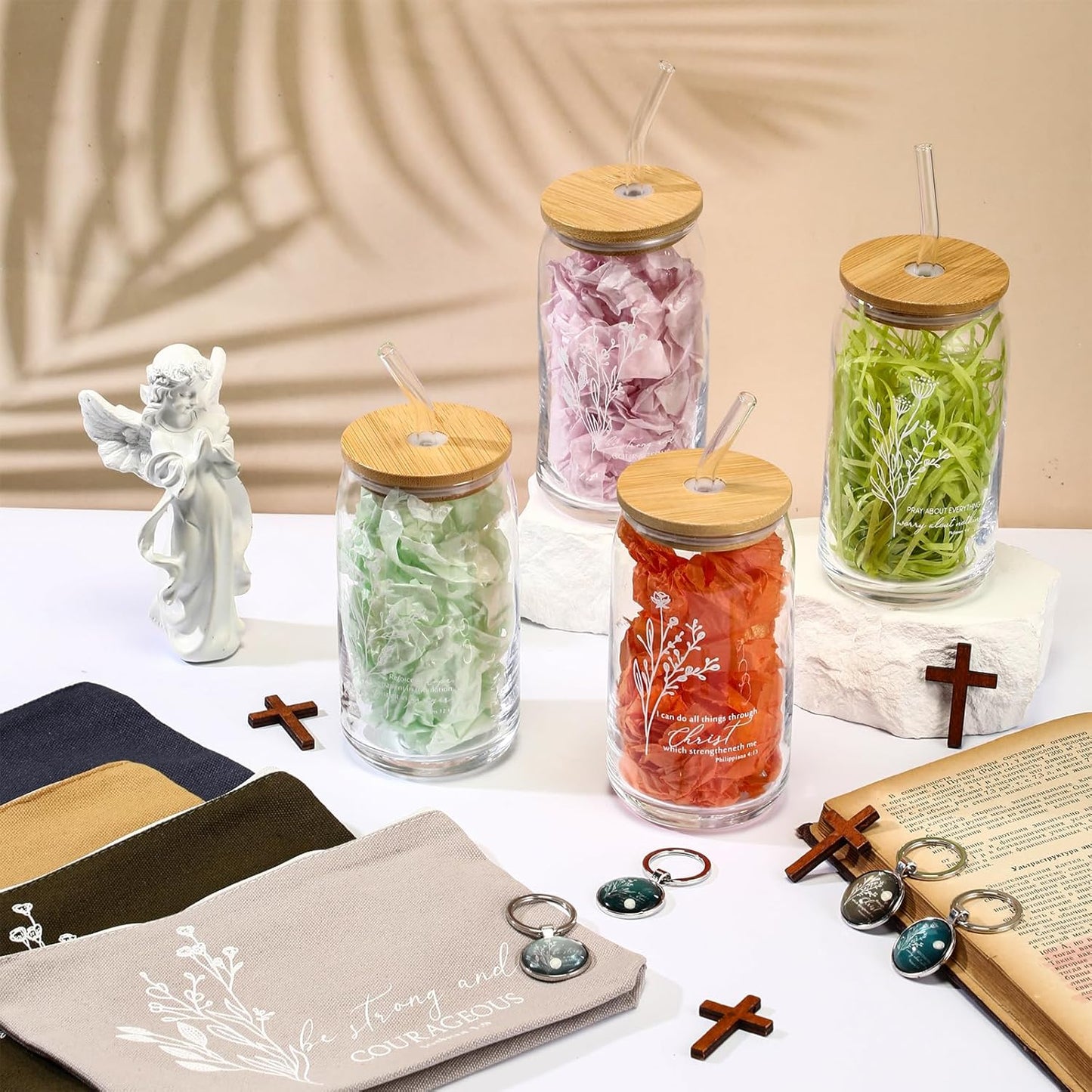 Fumete 4 Sets Christian Gifts for Women Church Gifts Set 16oz Bible Verse Glass Cup Religious Makeup Cosmetic Bags Prayer Tumbler Keychain for Study Group Sunday School God Teacher(Bright Morandi)