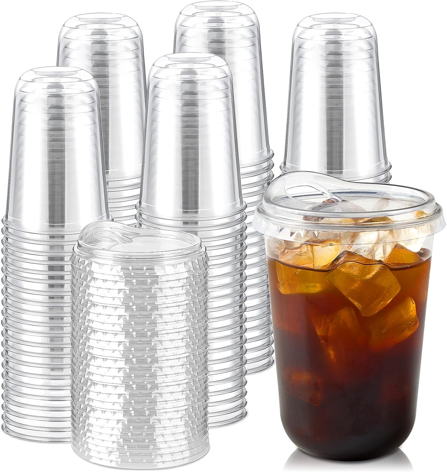 Round Bottom Clear Plastic Cups with Sip Lids, 50 Sets, 16 Oz Disposable Iced Coffee Cups with Strawless Lids To Go Cold Drink Cups for Smoothies, Juices, Party Catering