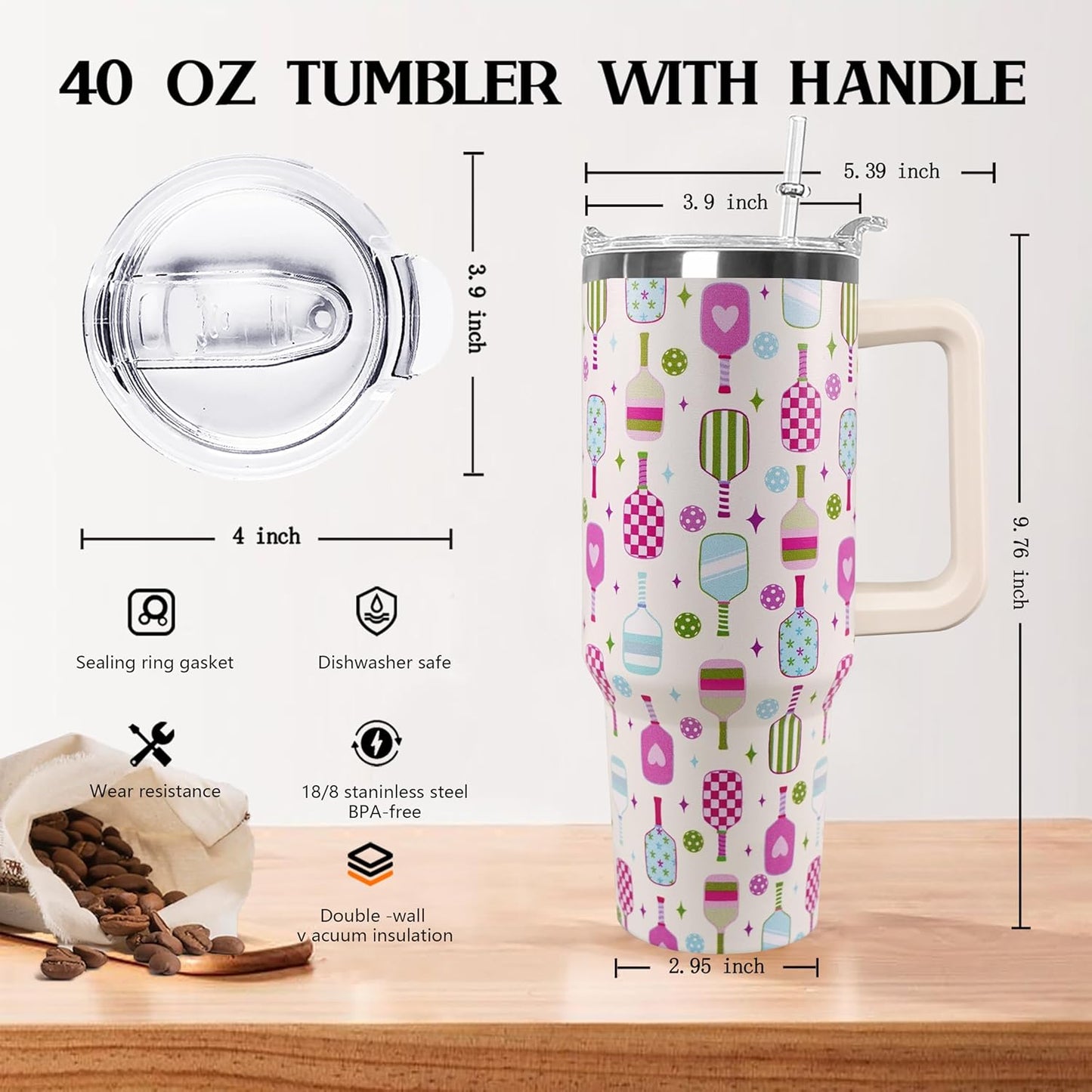 Ceovfoi 40 oz Pickleball Coffee Mug Vacuum Insulated Travel Tumbler with Handle, Lid & Straw - Perfect Pickleball Gifts for Players, Coaches, Lovers | Pickleball Accessories