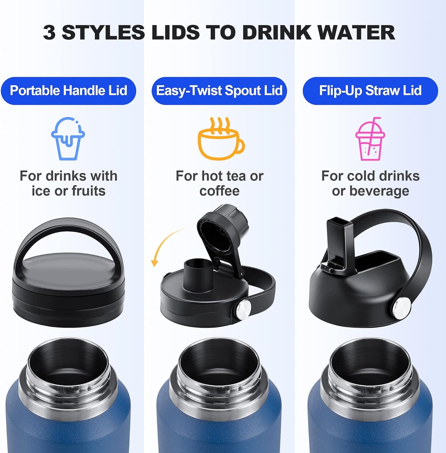 HYDROWION 32oz Stainless Steel Water Bottle(Cold for 48 Hrs, Hot for 24 Hrs),Double Wall Vacuum Insulated Water Bottle with Straw Lid, Spout Lid and Flex Cap, Fit in Any Car Cup Holder,Black