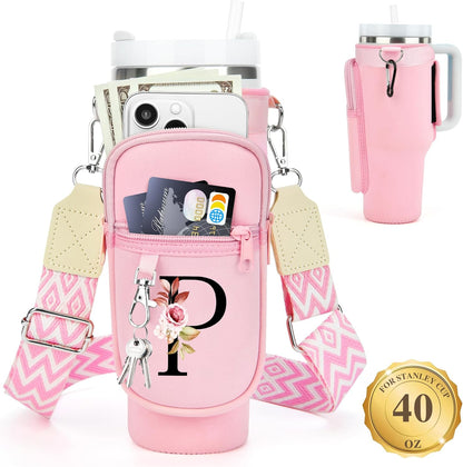 LOKASS Personalized Water Bottle Holder with Strap for Stanley Cup Accessories 40 oz, Initial for Stanley Cup Holder Carrier Bag with Phone Pocket, Stylish Tumbler Accessories for Daily Use Hands-Free