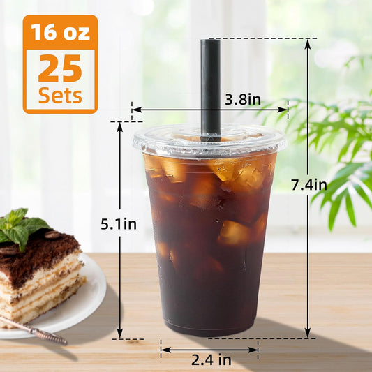 lucdnc 16oz Disposable Clear Plastic Cups with Lids and Smoothies Straws Party Drinking Cups for Milkshakes,Cold Coffee-25 Sets