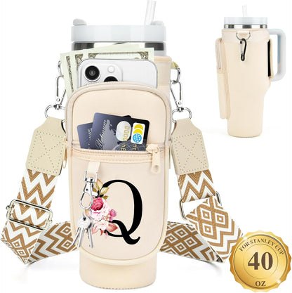 LOKASS Personalized Water Bottle Holder with Strap for Stanley Cup Accessories 40 oz, Initial for Stanley Cup Holder Carrier Bag with Phone Pocket, Stylish Tumbler Accessories for Daily Use Hands-Free