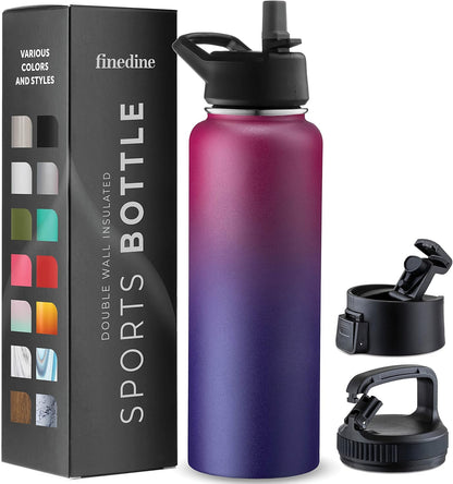 FineDine Water Bottle - Stainless Steel Insulated Water Bottle with Straw Lid, Flip Lid & Wide-Mouth Cap - Keeps Hot and Cold - 25 Oz / 739ml - Dreamy Purple