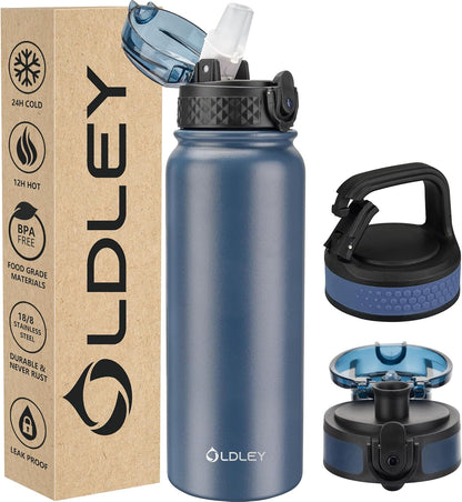 Oldley Insulated Water Bottle 20oz for Adults Kids Stainless Steel Water Bottles with Straw/Chug/Carabiner 3 Lids Fruit Strainer Double Wall Vacuum Wide Mouth BPA Free Leak-Proof for School Travel
