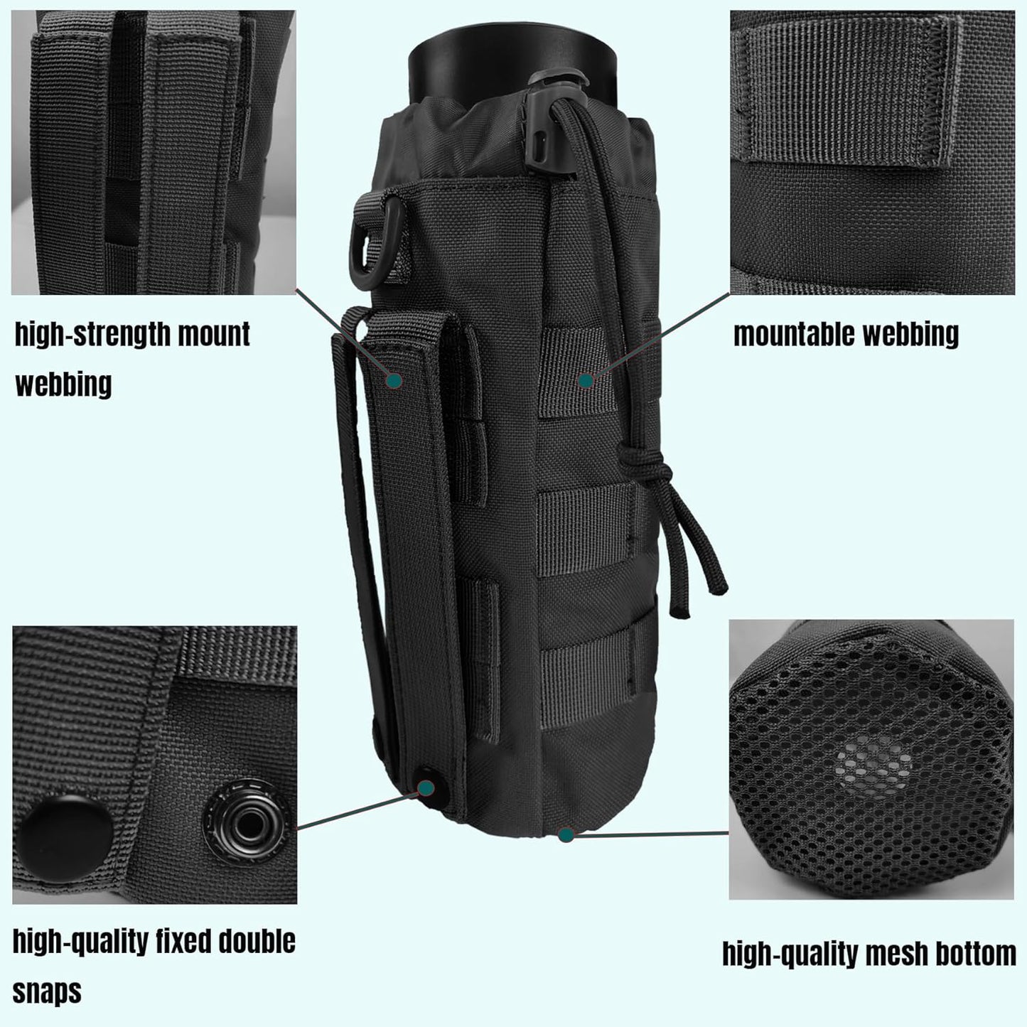 Tactical MOLLE Water Bottle Holder, Upgraded Water Bottle Pouch with Drawstring Open Top & Mesh Bottom, 16/24/25/32oz Water Bottle Carrier Bag with D-Ring Hook for Backpack