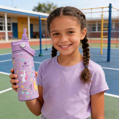 KEWIXY Kids Water Bottle for School, Easy Slide Lid, Leak Proof, Keep Cold 24H, Vacuum Insulated Tumbler, Metal Stainless Steel with Straw and Handle, for Boys&Girls (18OZ, Candy Pink)