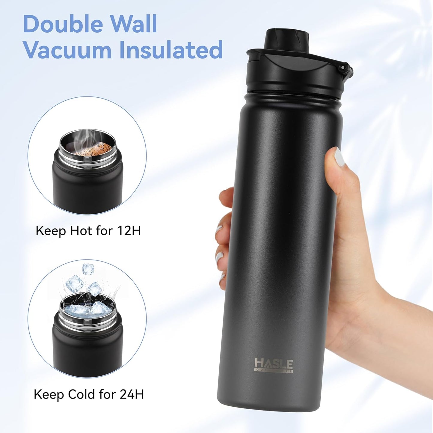 HASLE OUTFITTERS 32 oz Insulated Water Bottle Stainless Steel Double Walled Vacuum Sports Water Bottle with 2 Lids (Straw and Spout Lid) for Gym Camping Hiking(Black,1)
