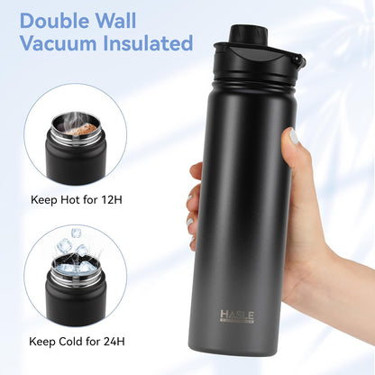 HASLE OUTFITTERS 32 oz Insulated Water Bottle Stainless Steel Double Walled Vacuum Sports Water Bottle with 2 Lids (Straw and Spout Lid) for Gym Camping Hiking(Black,1)