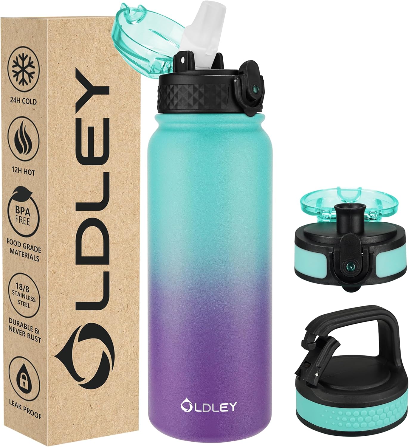 Oldley Insulated Water Bottle 20oz for Adults Kids Stainless Steel Water Bottles with Straw/Chug/Carabiner 3 Lids Fruit Strainer Double Wall Vacuum Wide Mouth BPA Free Leak-Proof for School Travel