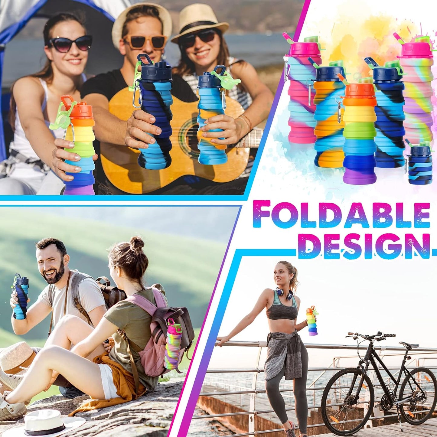 CHENGU 5 Pcs Collapsible Water Bottles 16 oz Portable Foldable Water Bottles Silicone Leak Proof Travel Water Bottle Reusable Sports Water Bottle with Metal Clip for Camping Hiking Travel (Colorful)