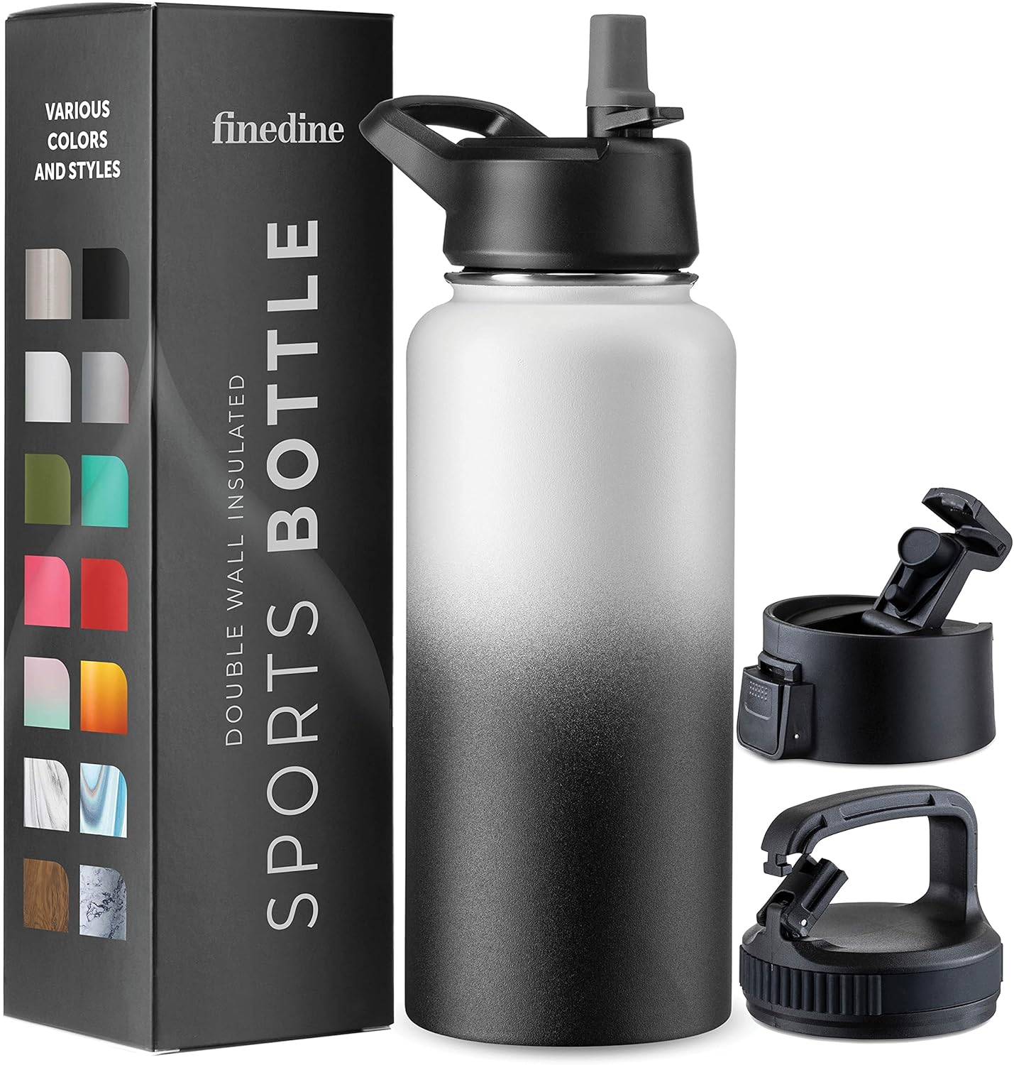 FineDine Water Bottle - Stainless Steel Insulated Water Bottle with Straw Lid, Flip Lid & Wide-Mouth Cap - Keeps Hot and Cold - 25 Oz / 739ml - Dreamy Purple