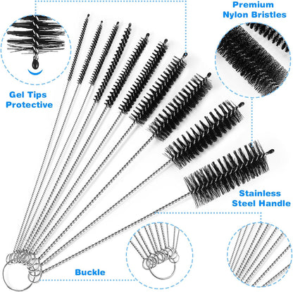 Straw Cleaner Brushes Sets, 12 Pieces 8.2 Inch Botthle Cleaning Brush and Nylon Tube Brush Brush Kit for Sippy Cup, Tumbler, Water Bottle, Drinking Straw (Black)